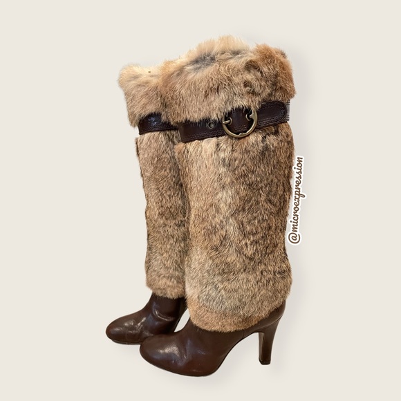 $699 RARE Frye Ava Rabbit Fur Vintage Luxury Brown Leather Stiletto Heel Boot - Picture 3 of 10